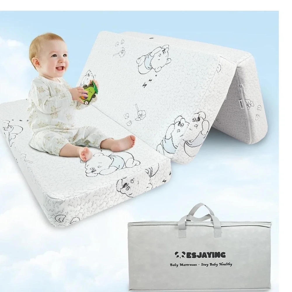 ESJAYING 3 In Tri-Fold Pack N Play Mattress Memory Foam Portable White Bear New